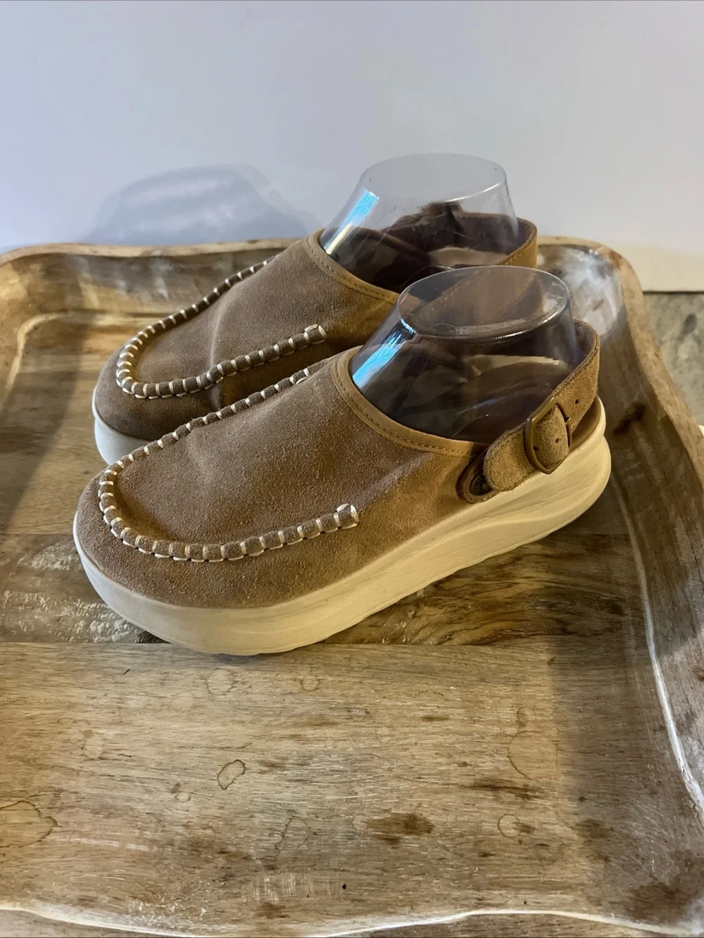 Hey Dude Women's Suede  Del Ray Platform Clogs in Tan with Cream Sole